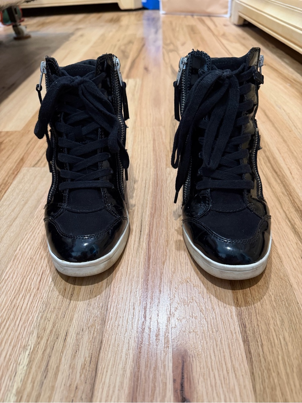 Women’s Black Wedge High-Top Lace-Up Sneakers with workable Side Zippers